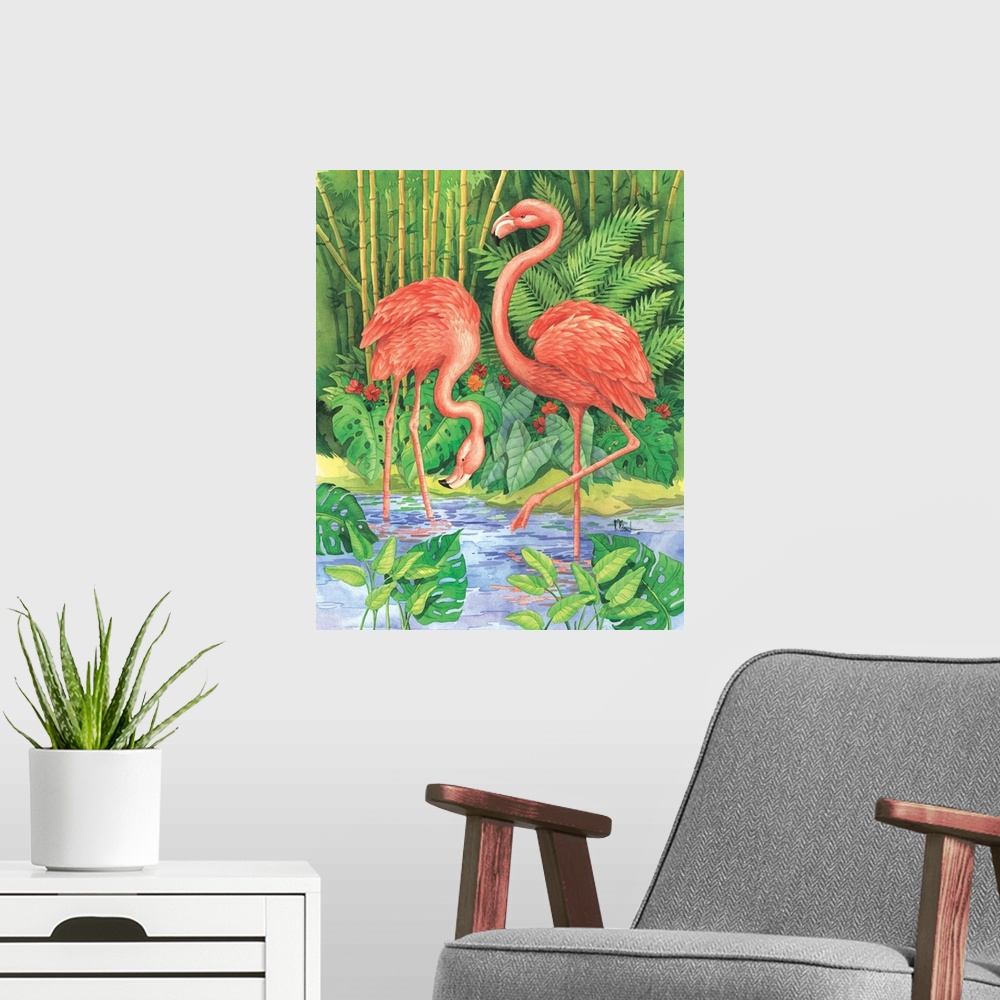 A modern room featuring Watercolor painting of two pink flamingos in a tropical pond.