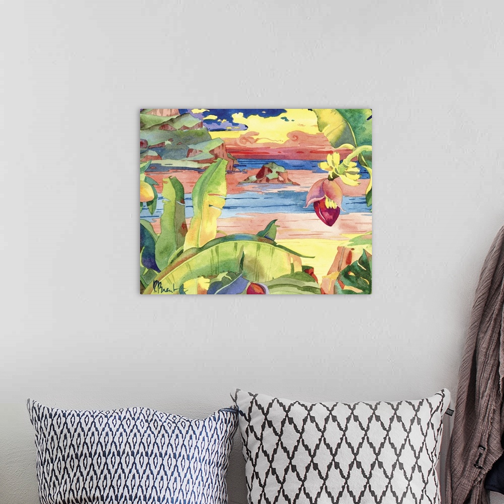 A bohemian room featuring Contemporary painting of a tropical tree near a sandy beach.