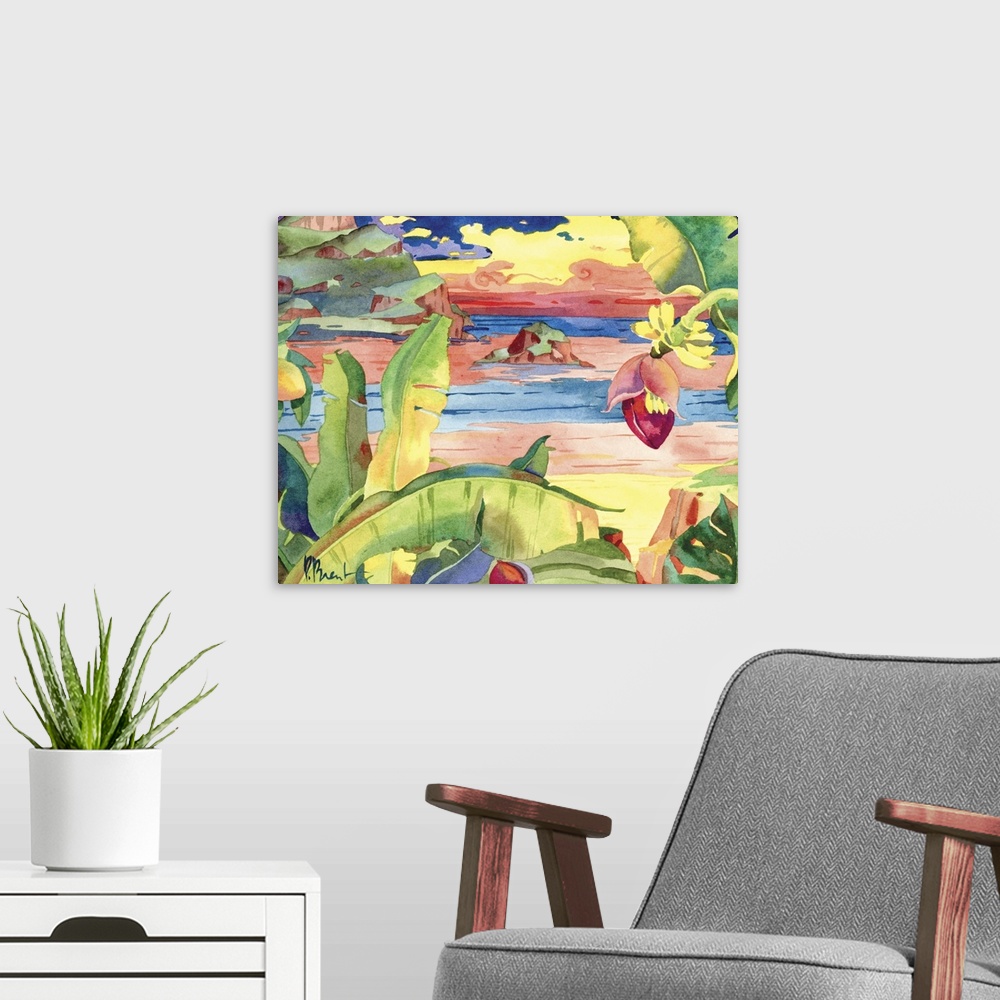 A modern room featuring Contemporary painting of a tropical tree near a sandy beach.