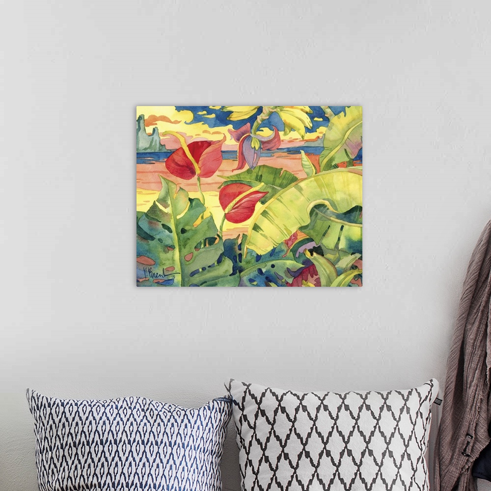 A bohemian room featuring Contemporary painting of two anthuriums and palm fronds near a sandy beach.