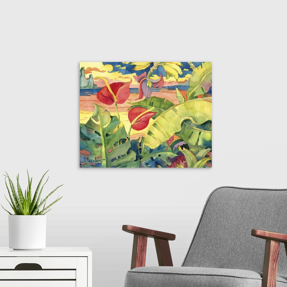A modern room featuring Contemporary painting of two anthuriums and palm fronds near a sandy beach.