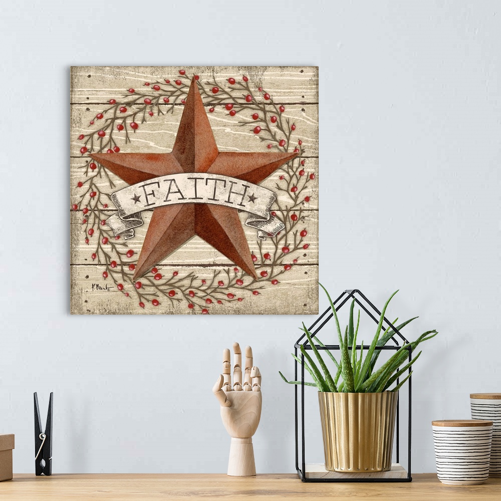 A bohemian room featuring Folk art style painting of a star with a banner that says Faith on wood panels with a berry wreath.
