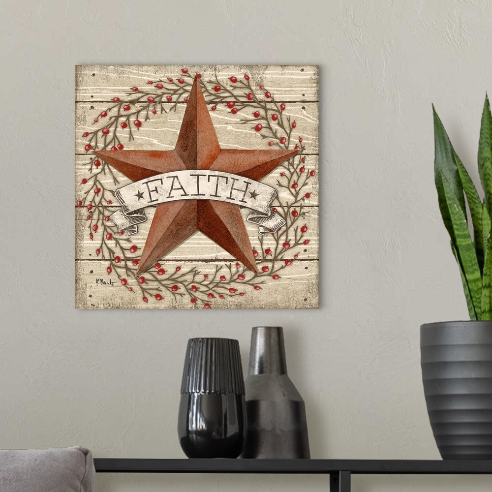 A modern room featuring Folk art style painting of a star with a banner that says Faith on wood panels with a berry wreath.