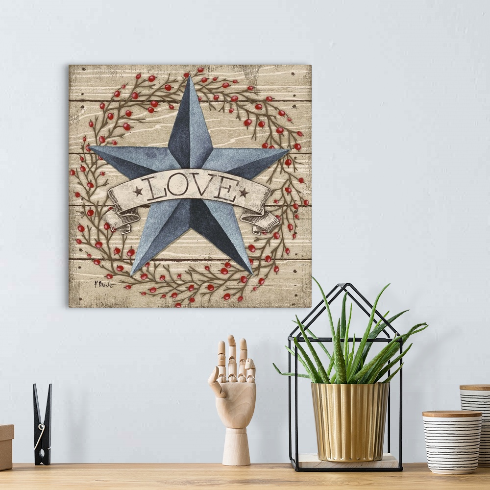 A bohemian room featuring Folk art style painting of a star with a banner that says Love on wood panels with a berry wreath.