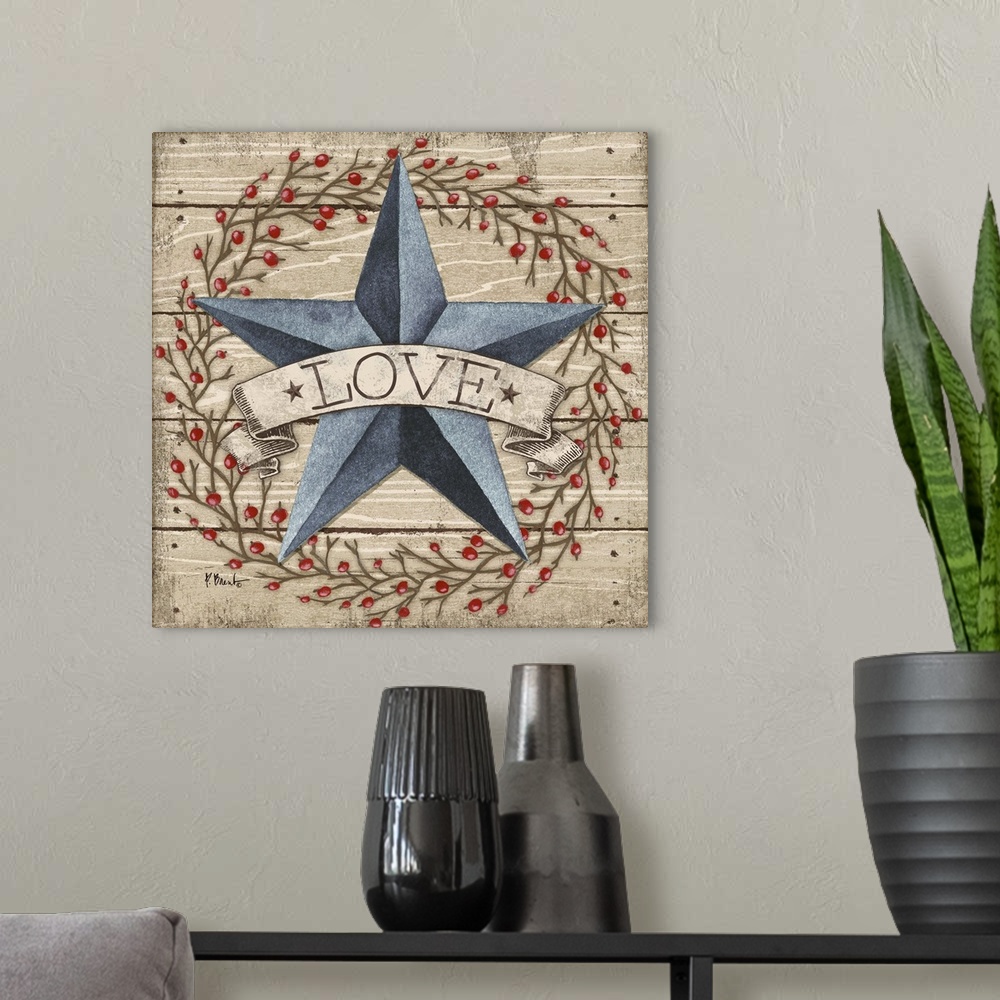 A modern room featuring Folk art style painting of a star with a banner that says Love on wood panels with a berry wreath.