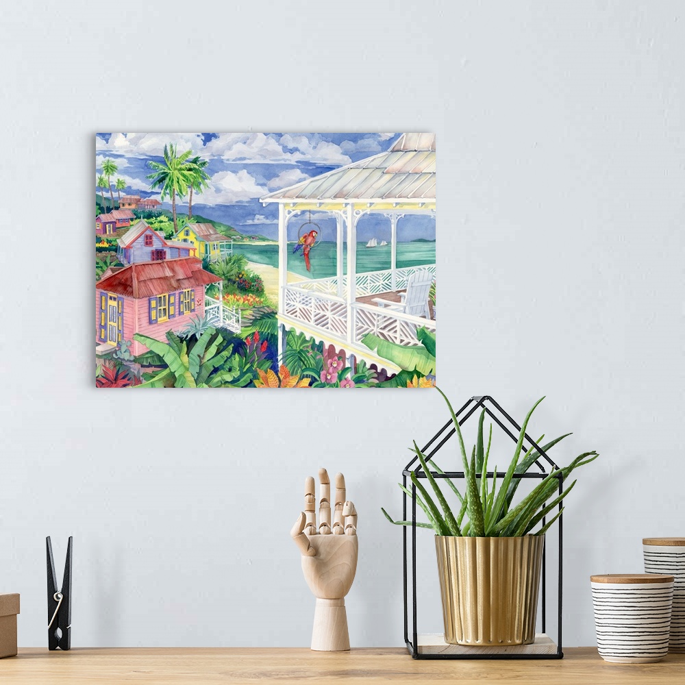 A bohemian room featuring Watercolor painting of a Caribbean resort town.
