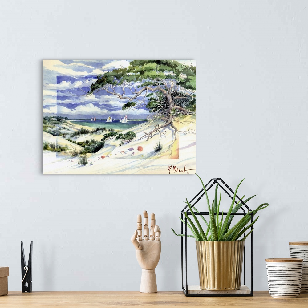 A bohemian room featuring Watercolor painting of a seaside landscape with a sandy beach and a large tree reaching over the ...