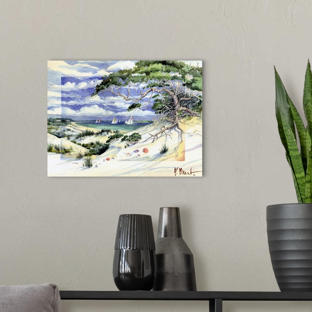 A modern room featuring Watercolor painting of a seaside landscape with a sandy beach and a large tree reaching over the ...