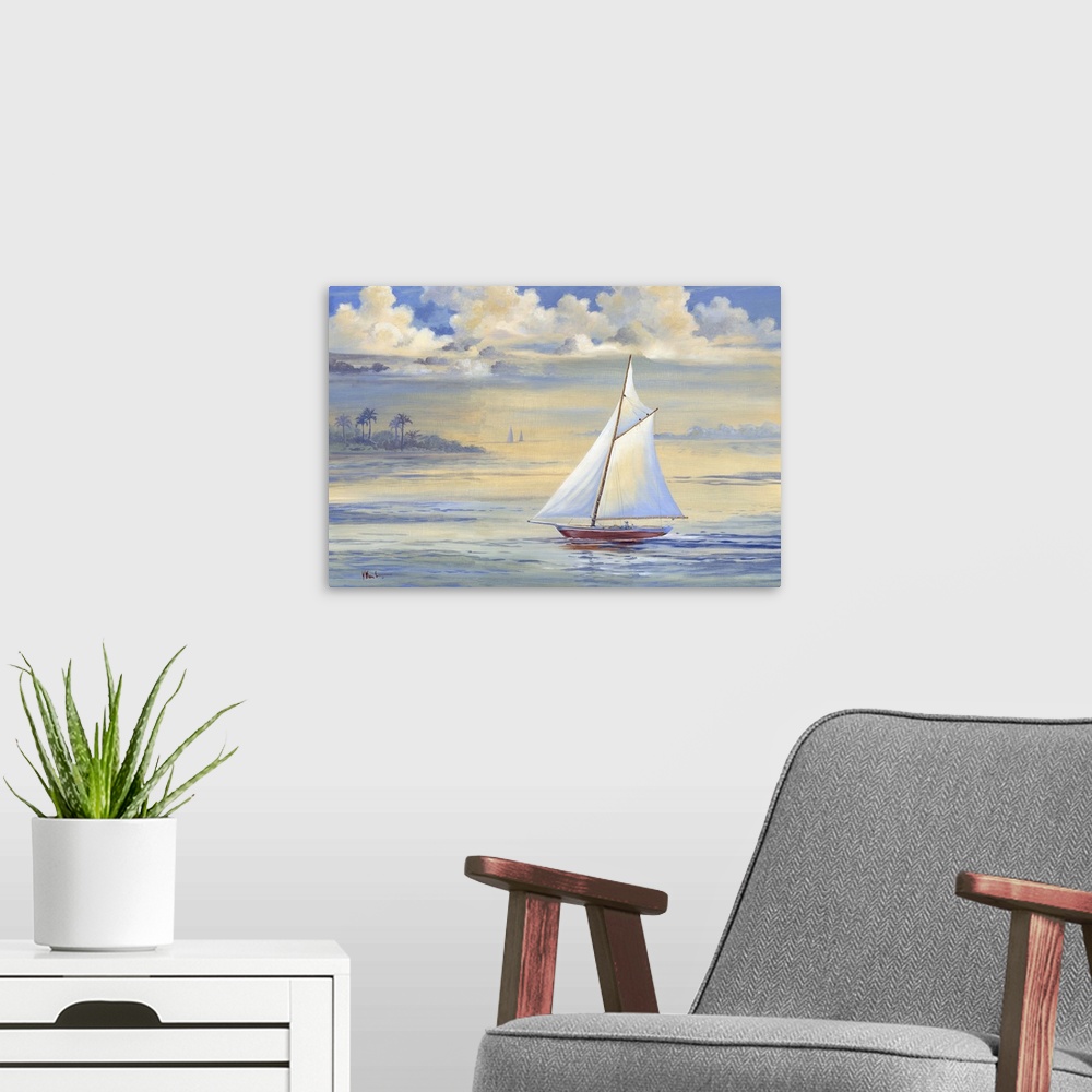 A modern room featuring Contemporary painting of a sailboat in the bay at sunrise with large clouds overhead.