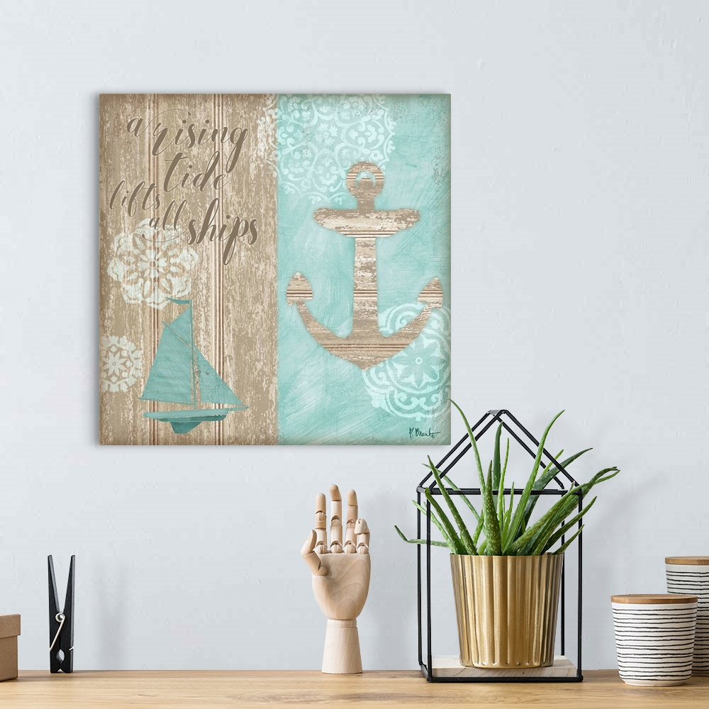 A bohemian room featuring "A Rising Tide Lifts All Ships" square beach decor.