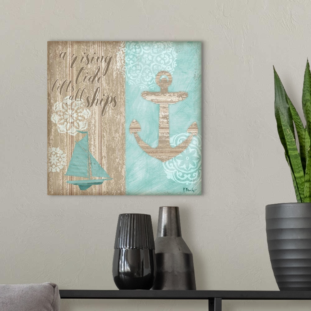 A modern room featuring "A Rising Tide Lifts All Ships" square beach decor.