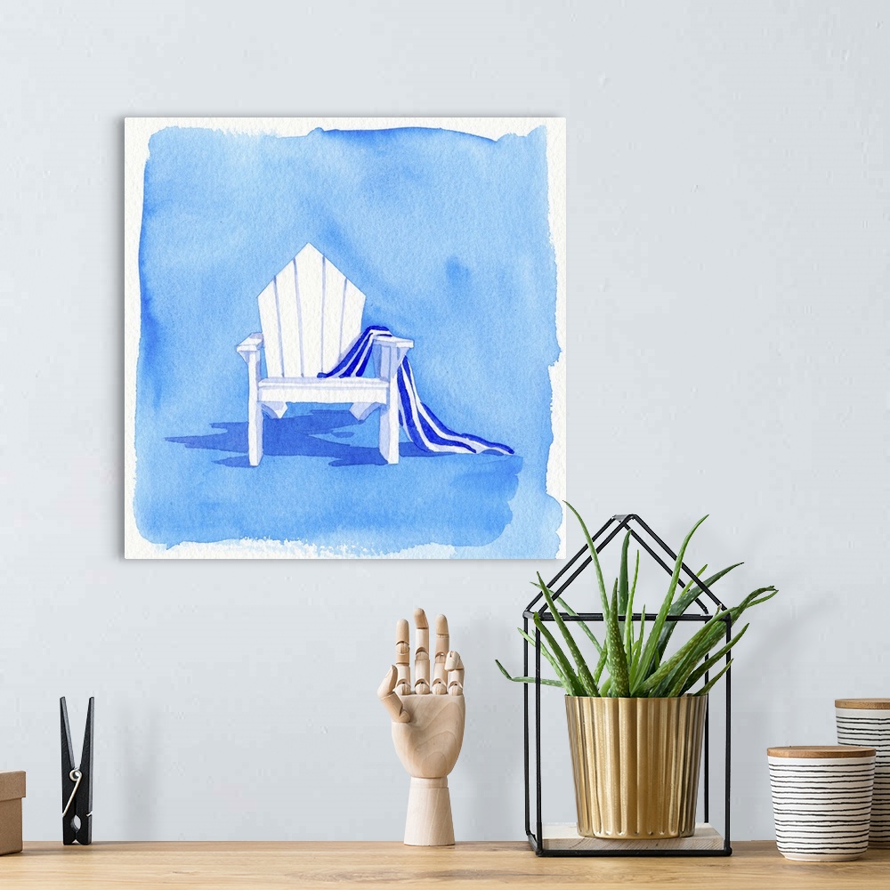A bohemian room featuring Watercolor painting from a series of adirondack chairs with a beach towel.