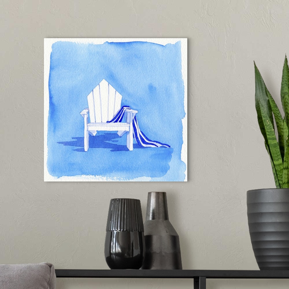 A modern room featuring Watercolor painting from a series of adirondack chairs with a beach towel.