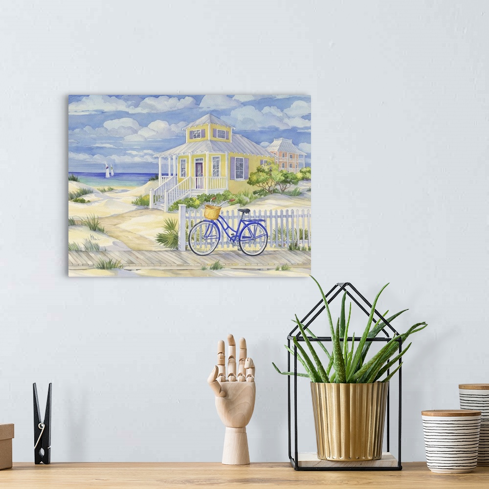 A bohemian room featuring Watercolor painting of a bicycle leaning against a fence near a beach house.