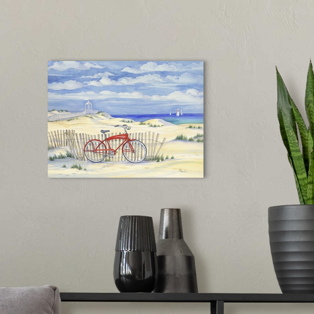 A modern room featuring Watercolor painting of a bicycle leaning against a fence on a sandy beach.