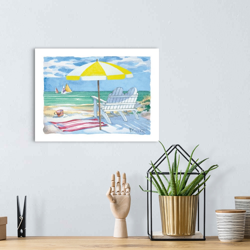 A bohemian room featuring Watercolor beach scene with a sun umbrella and a double adirondack chair, overlooking the coast.