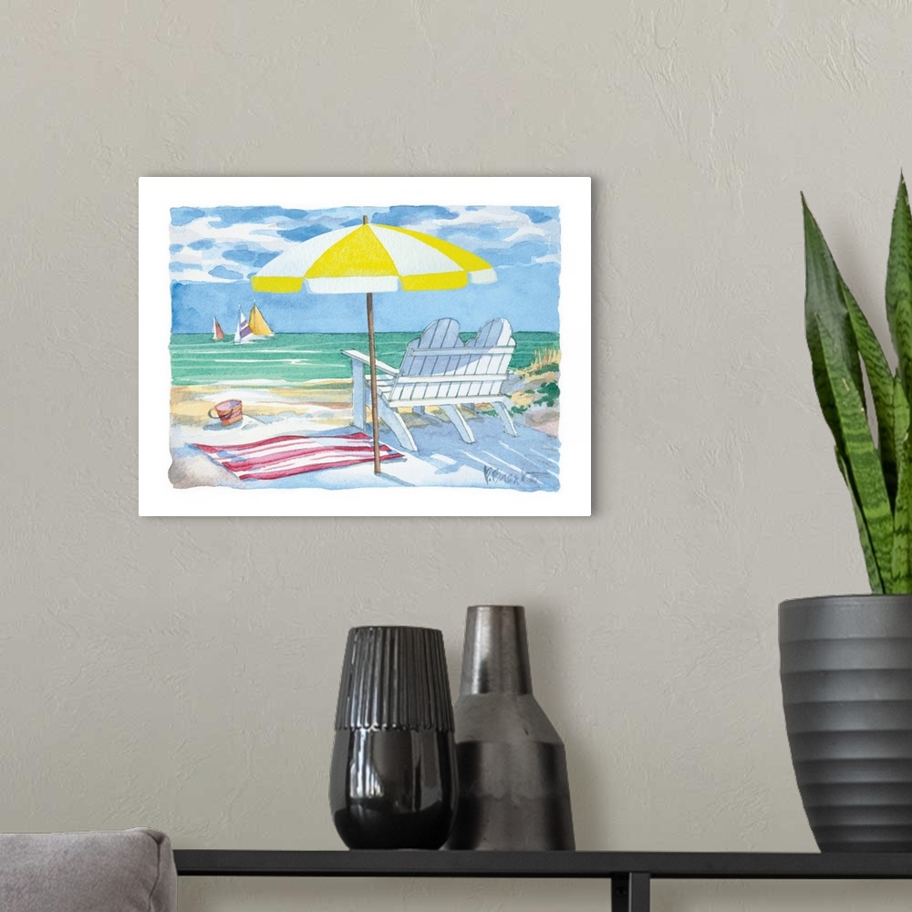 A modern room featuring Watercolor beach scene with a sun umbrella and a double adirondack chair, overlooking the coast.