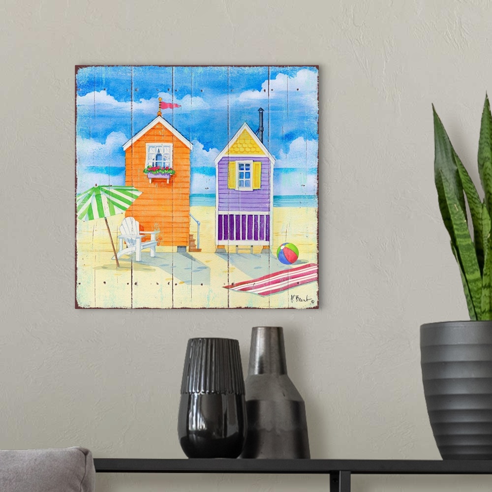 A modern room featuring Square decor of cute little beach huts with the ocean in the background on faux wood.