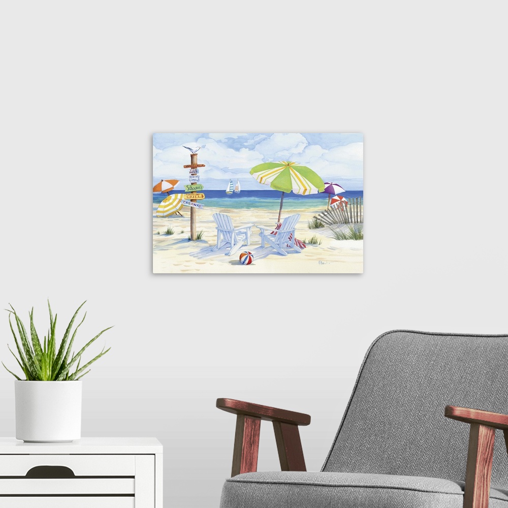 A modern room featuring Watercolor painting of a pair of adirondack chairs on a sandy beach with a signpost.