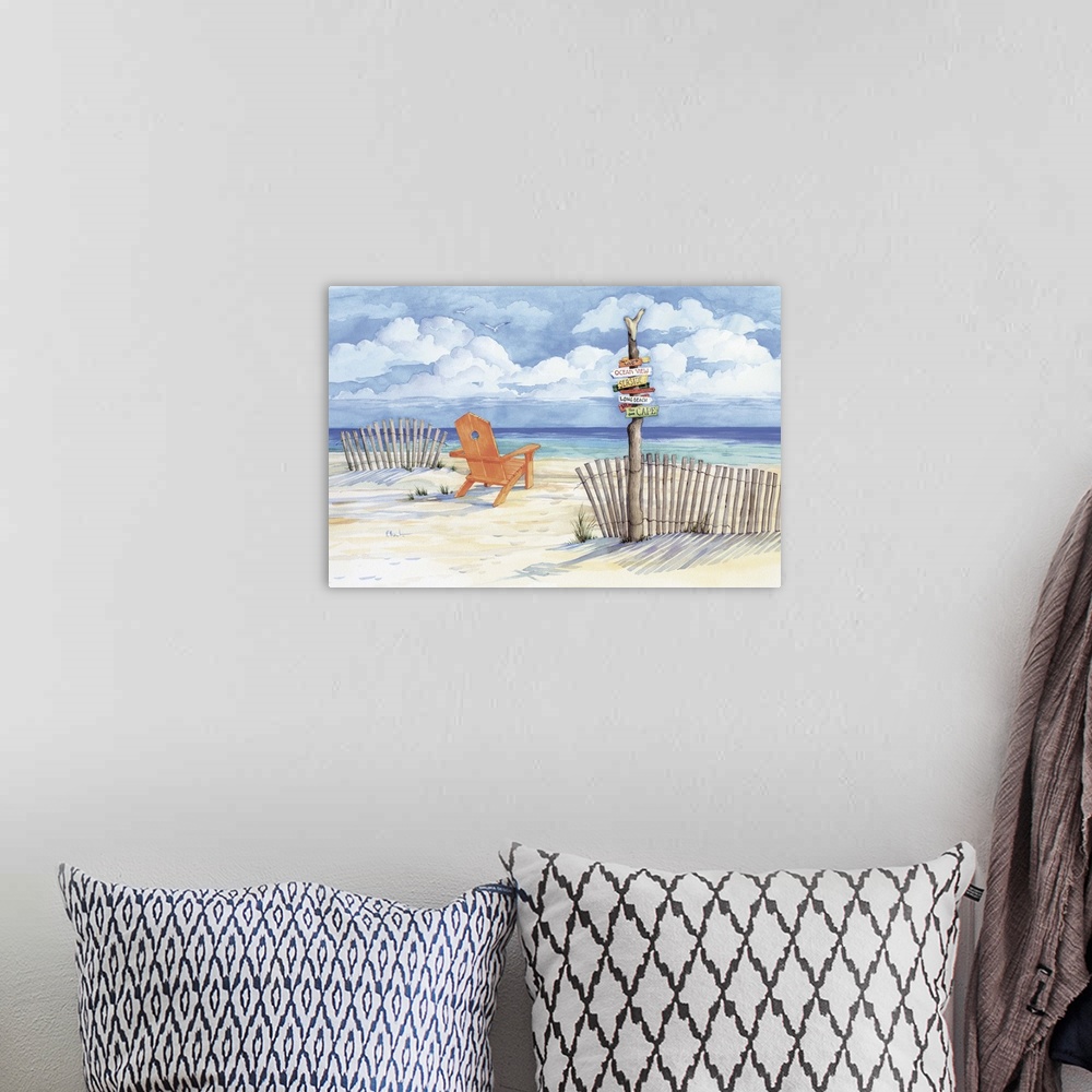 A bohemian room featuring Watercolor painting of an adirondack chair on a sandy beach with a signpost.