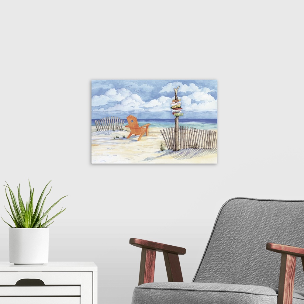 A modern room featuring Watercolor painting of an adirondack chair on a sandy beach with a signpost.