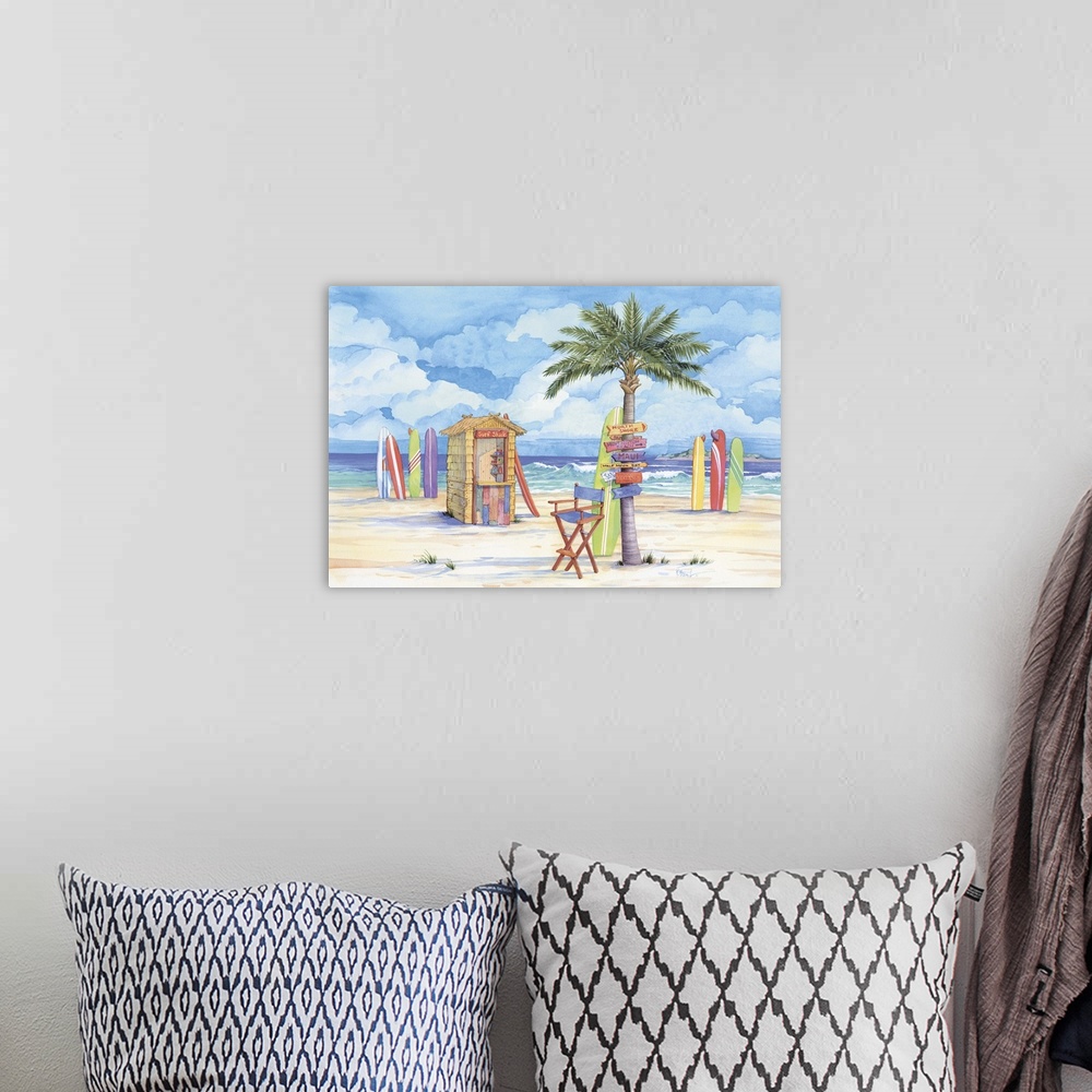 A bohemian room featuring Contemporary painting of a beach scene with many surfboards and a palm tree full of signs.