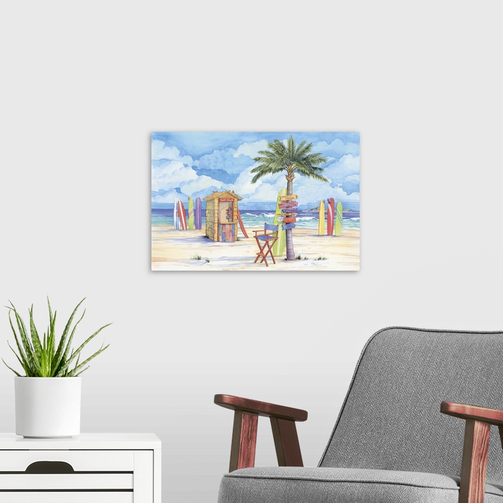 A modern room featuring Contemporary painting of a beach scene with many surfboards and a palm tree full of signs.