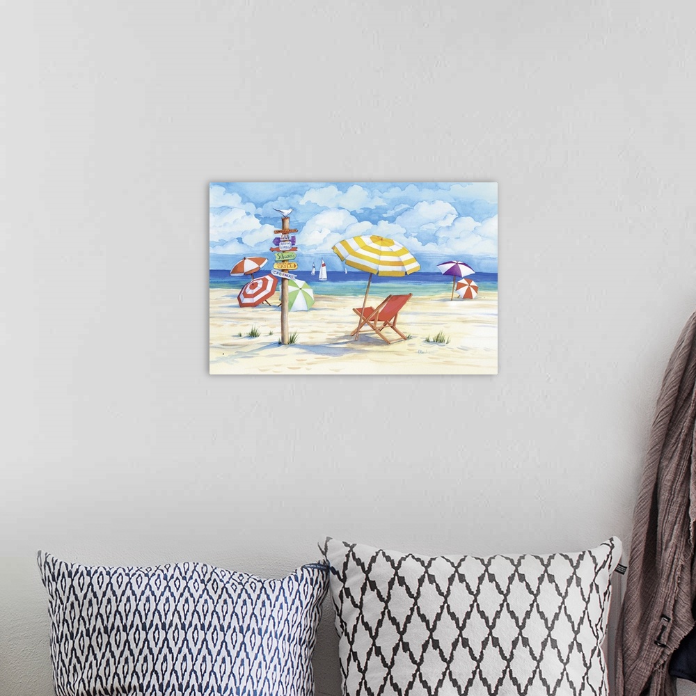 A bohemian room featuring Contemporary painting of a beach scene with many striped umbrellas and a post full of signs.