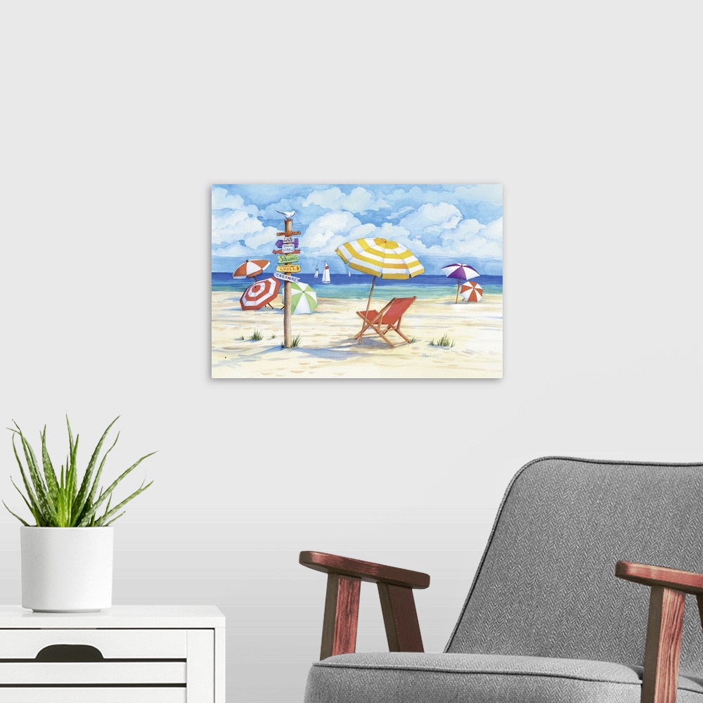 A modern room featuring Contemporary painting of a beach scene with many striped umbrellas and a post full of signs.