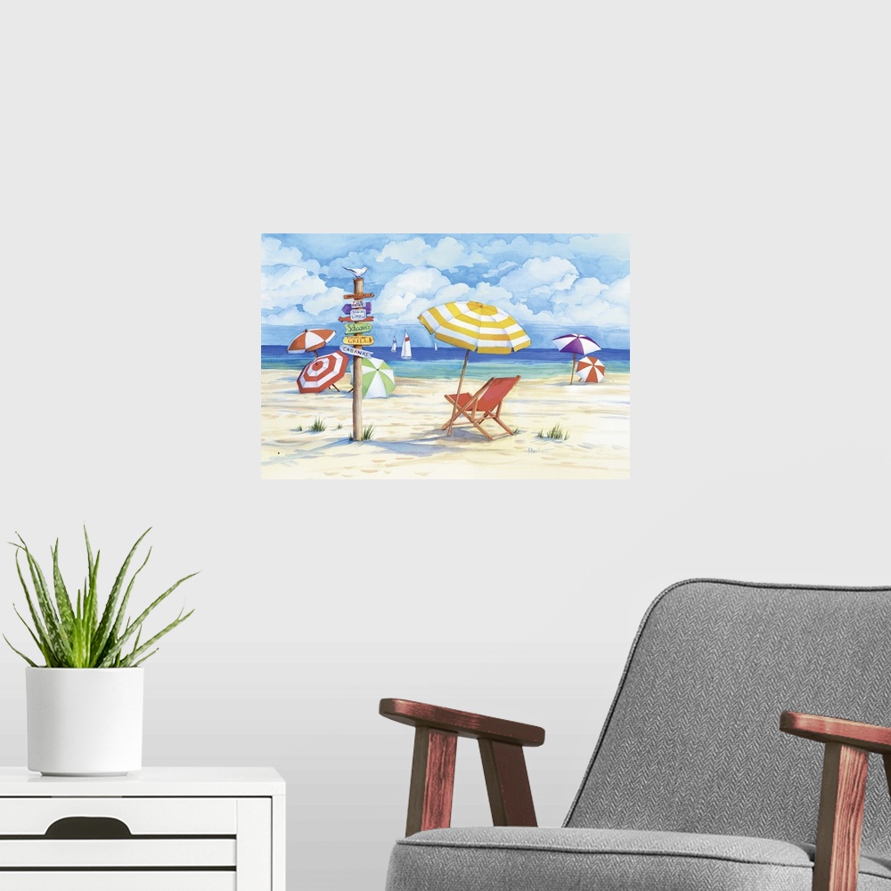 A modern room featuring Contemporary painting of a beach scene with many striped umbrellas and a post full of signs.