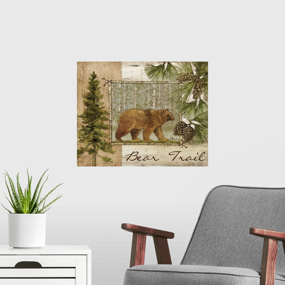 A modern room featuring Decorative artwork of a bear in a frame, with pine trees, pinecones, and the words Bear Trail.