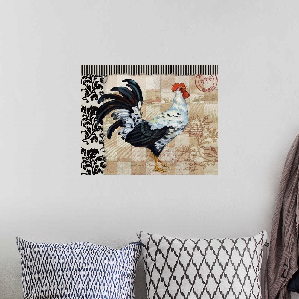 A bohemian room featuring Portrait of a colorful rooster on a decorative French Countryside background, with collage elements.