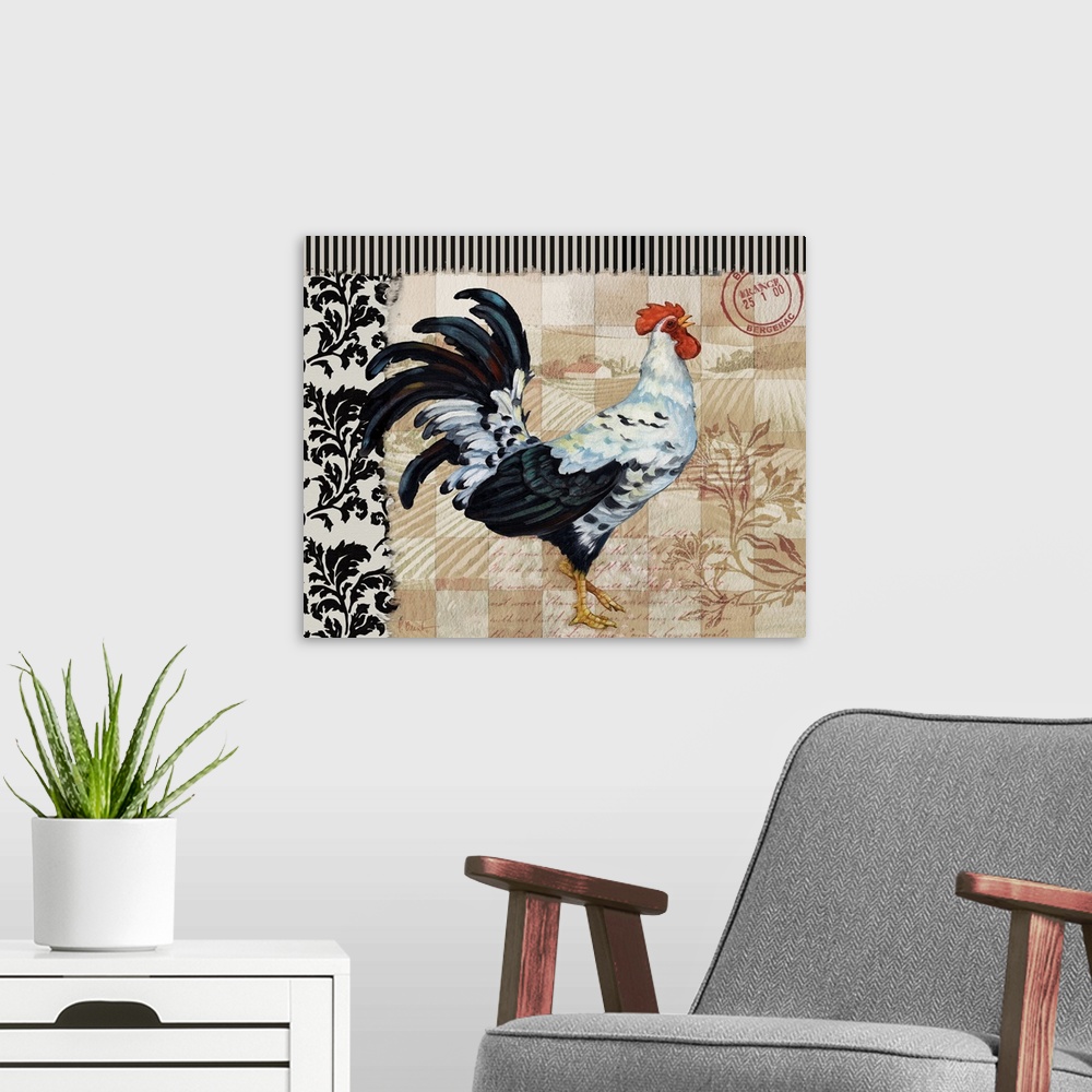 A modern room featuring Portrait of a colorful rooster on a decorative French Countryside background, with collage elements.