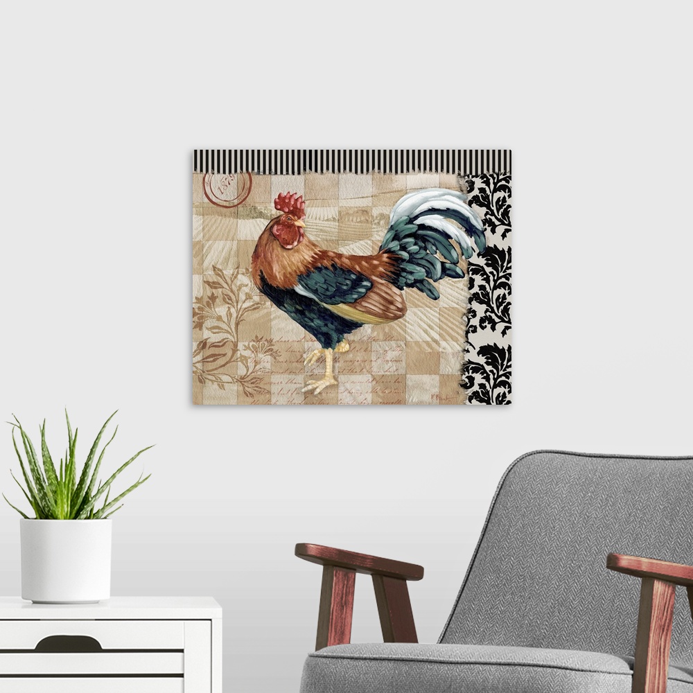 A modern room featuring Portrait of a colorful rooster on a decorative French Countryside background, with collage elements.