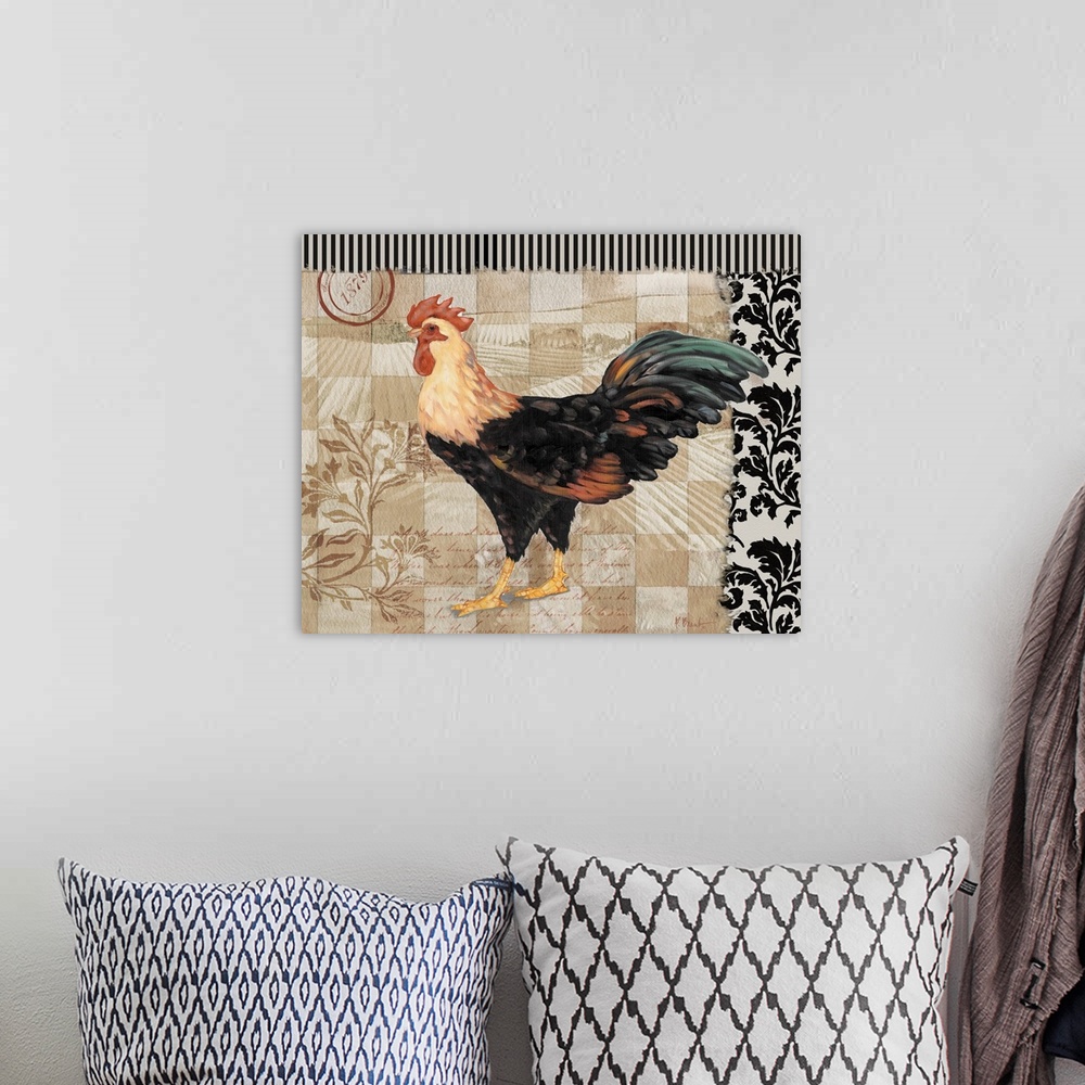 A bohemian room featuring Portrait of a colorful rooster on a decorative French Countryside background, with collage elements.