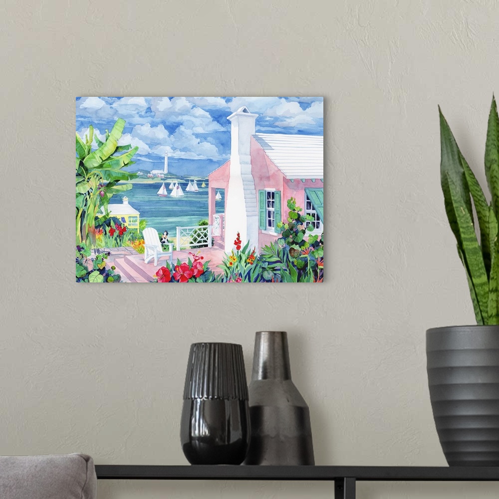A modern room featuring Watercolor painting of a Bermuda resort town.