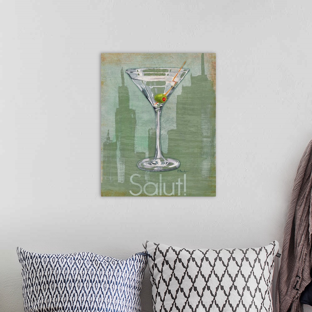 A bohemian room featuring Painting of a martini cocktail over a silhouetted city skyline.