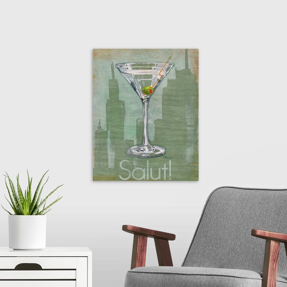 A modern room featuring Painting of a martini cocktail over a silhouetted city skyline.