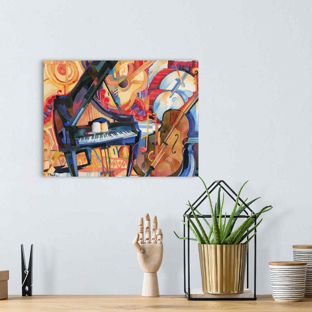 A bohemian room featuring Painting of jazz instruments, including a bass, grand piano, and drum kit.
