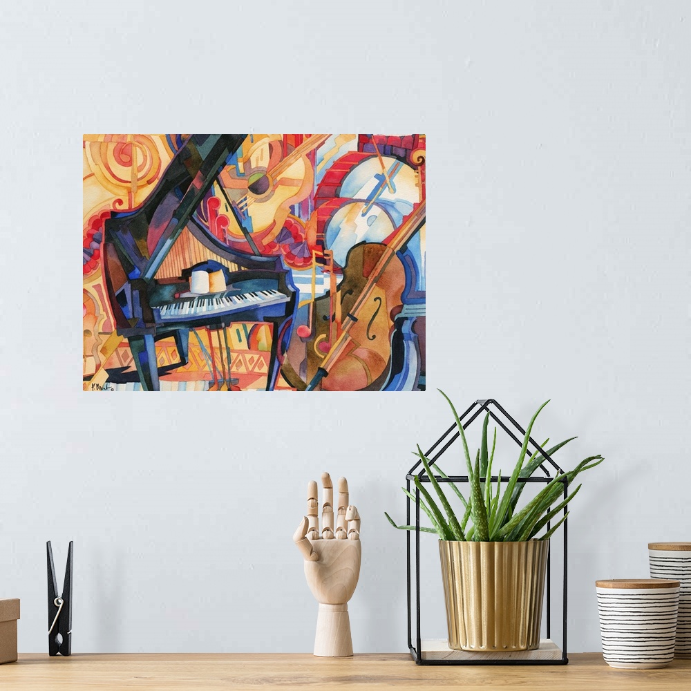 A bohemian room featuring Painting of jazz instruments, including a bass, grand piano, and drum kit.