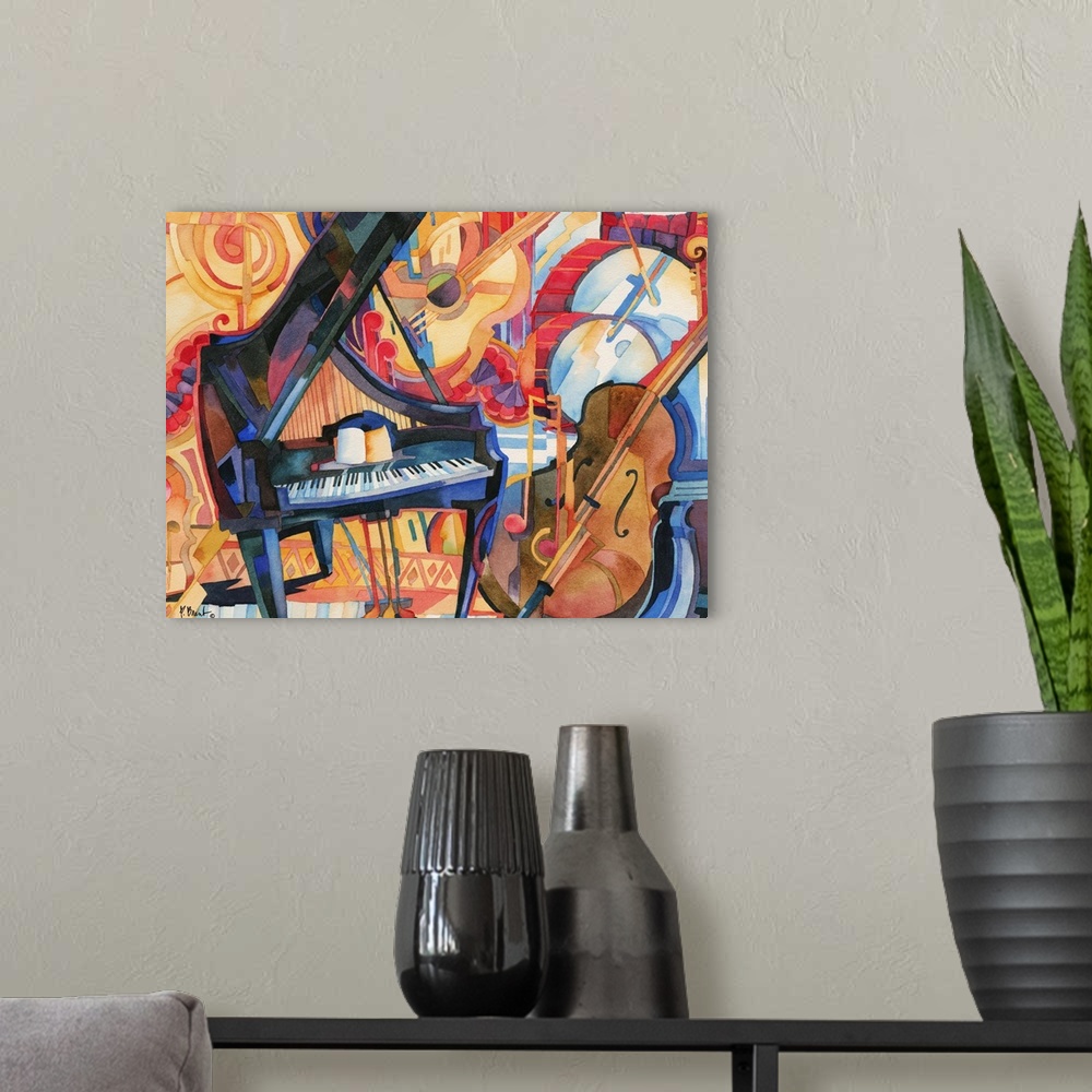 A modern room featuring Painting of jazz instruments, including a bass, grand piano, and drum kit.