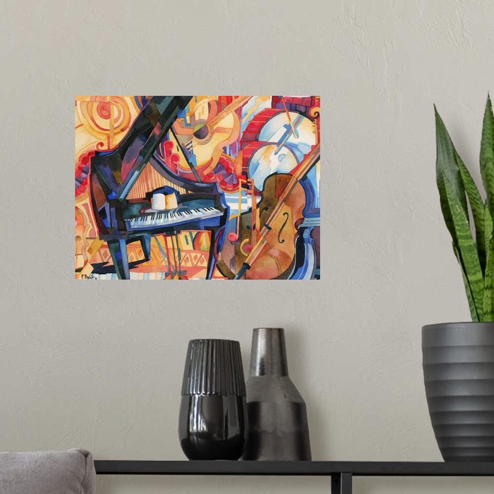 A modern room featuring Painting of jazz instruments, including a bass, grand piano, and drum kit.
