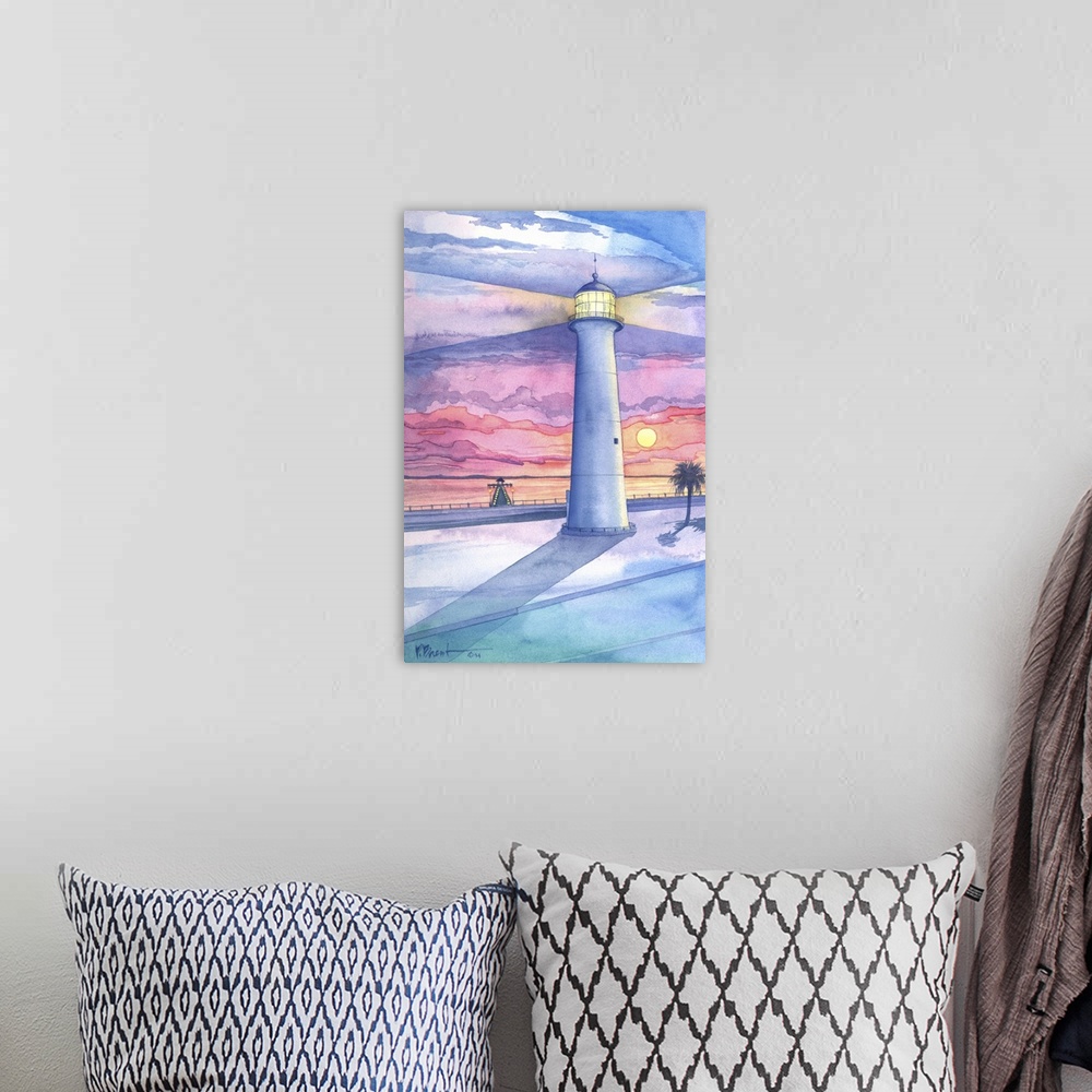 A bohemian room featuring Watercolor painting of a lighthouse at dusk on the shore in Mississippi.
