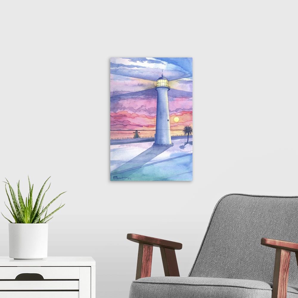 A modern room featuring Watercolor painting of a lighthouse at dusk on the shore in Mississippi.