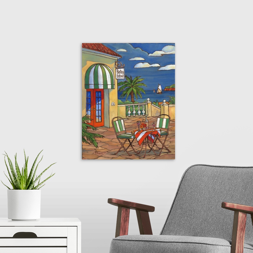 A modern room featuring Illustration of a cafe in France by the sea, with a striped awning.