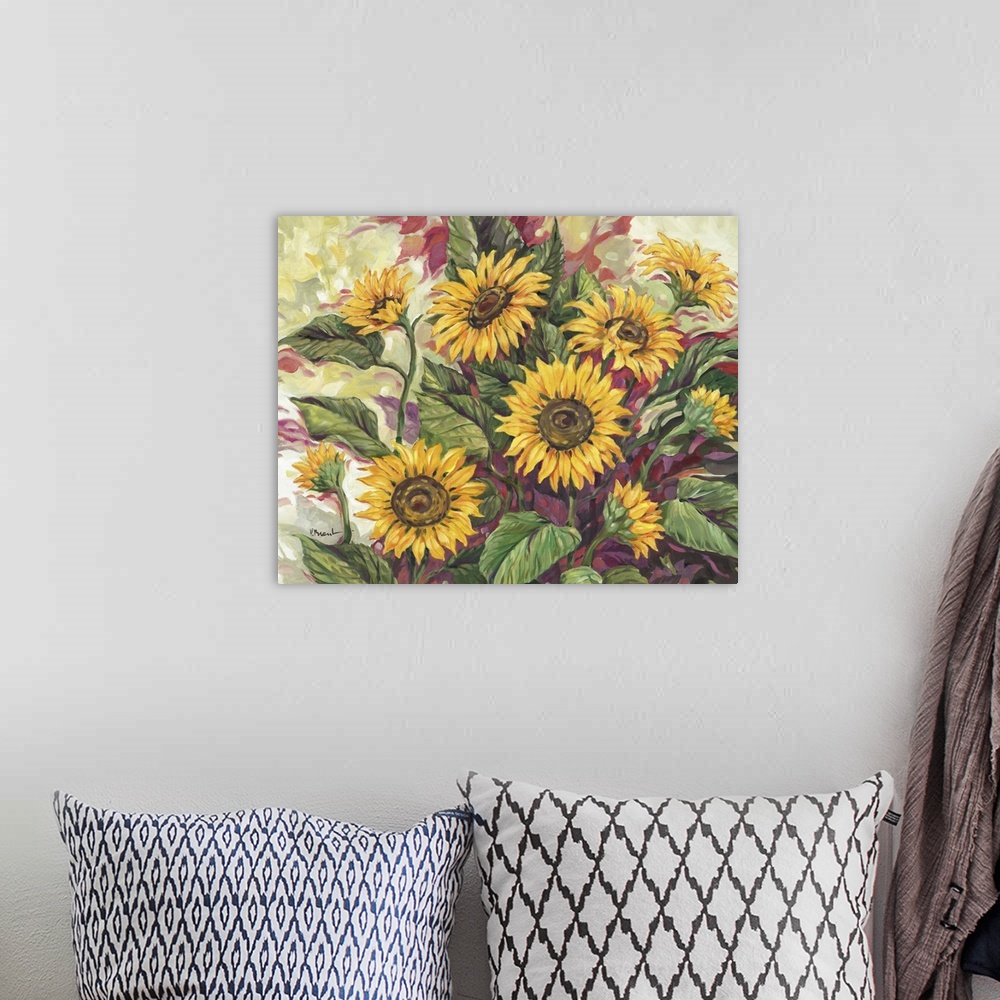 A bohemian room featuring Painting of an arrangement of sunflowers of different sizes.