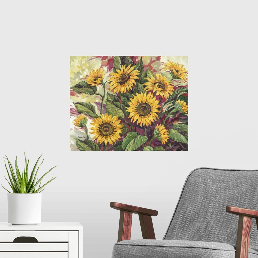 A modern room featuring Painting of an arrangement of sunflowers of different sizes.