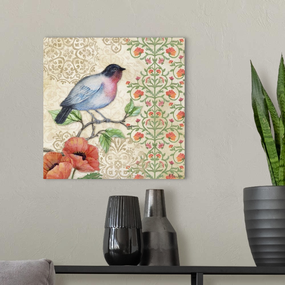 A modern room featuring Contemporary decorative artwork with a floral and vine design with a songbird.