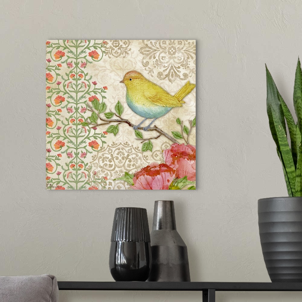 A modern room featuring Contemporary decorative artwork with a floral and vine design with a songbird.
