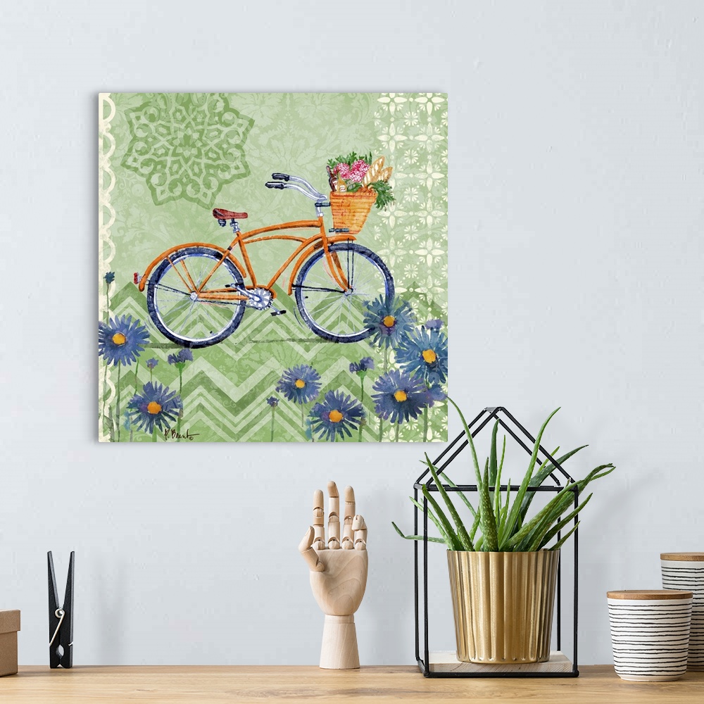 A bohemian room featuring Decorative panel of a vintage bicycle with a basket of flowers on a textured background and flowe...